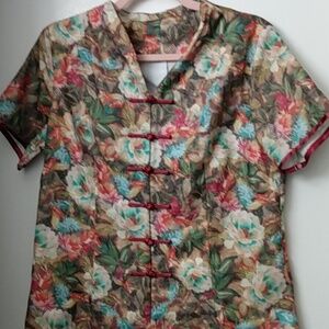 Short sleeve mandarin collar blouse, Rich floral with burgundy trim sleeve